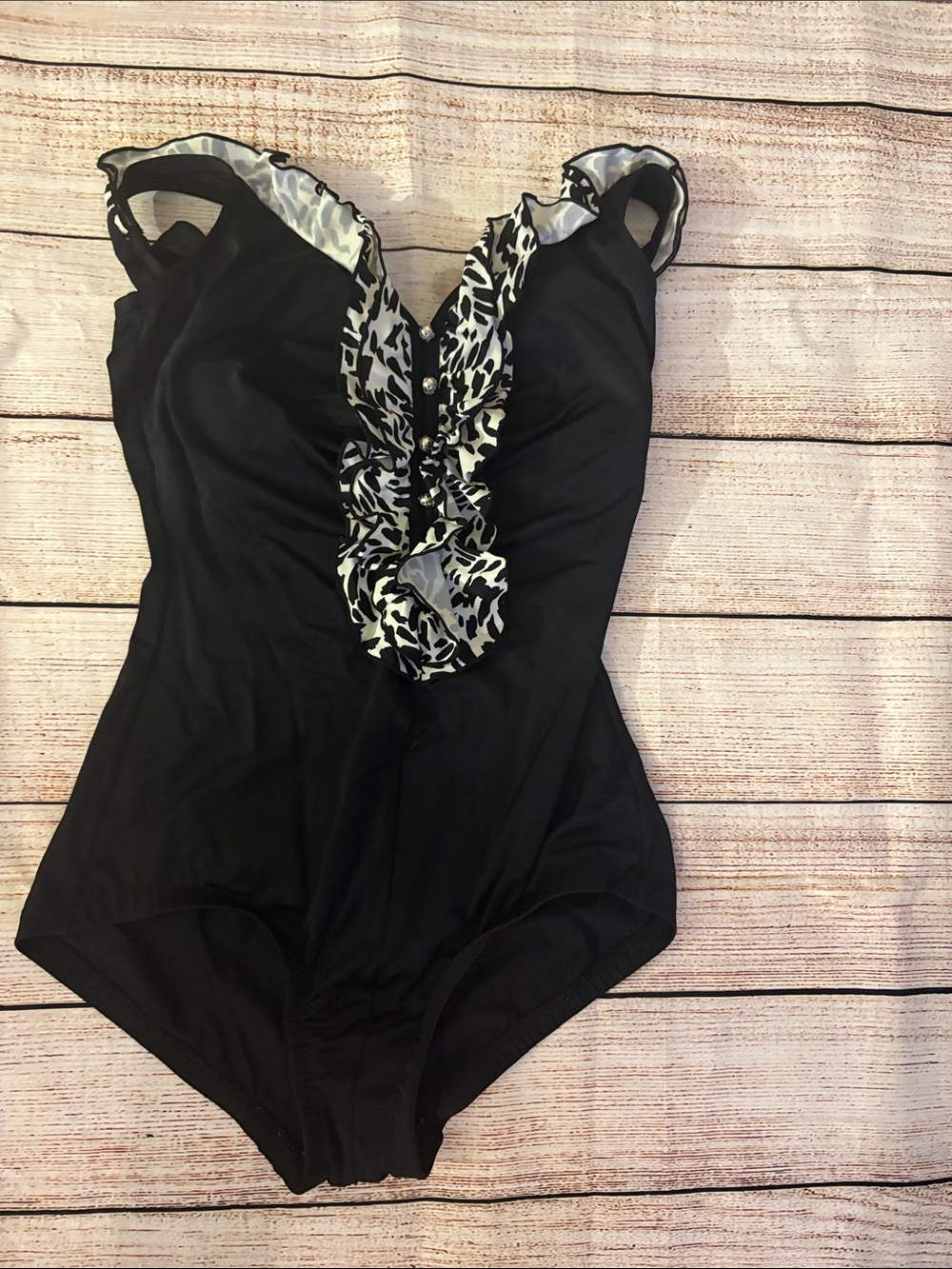 Maxine of Hollywood Black One-Piece with Black-and-White Ruffle